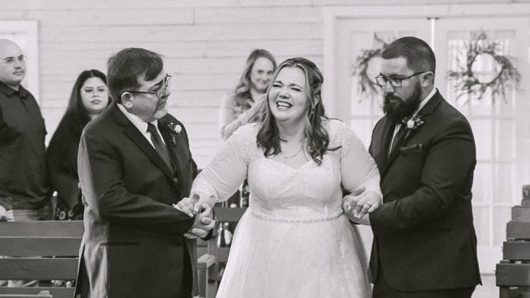 Colorado bride with MS surprises wedding guests by walking down aisle